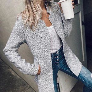 Women Stand Collar Long Sleeve Thick Slim Mid-length Coat Blazer, White , Size S